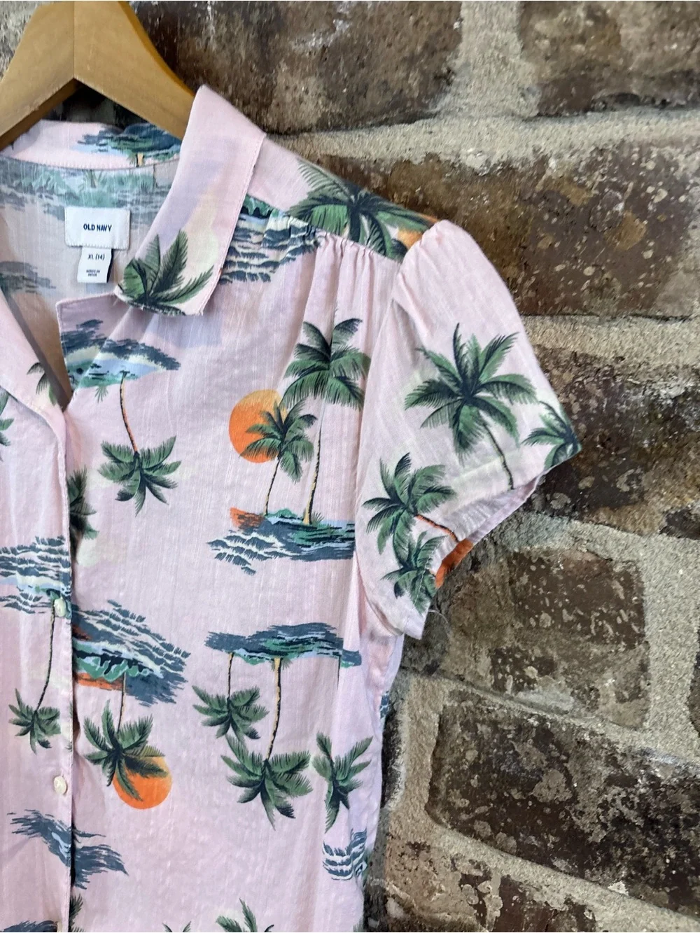 Old Navy Pink Palm-Print Tie-Front Shirt Girls XL/14